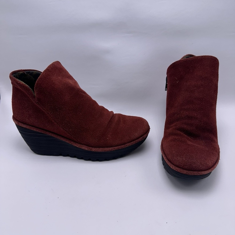 Fly London Shoes Yip Red Suede Wedge‎ Heel Ankle Boots Women's EU 37 US 6.5